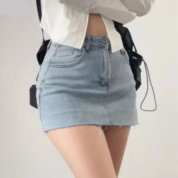 Damen Hellblau Hoher Taille Mini Jeansrock