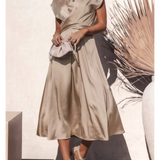 Damen Kurzarm Wickel Midi Hochzeitsgast Kleid