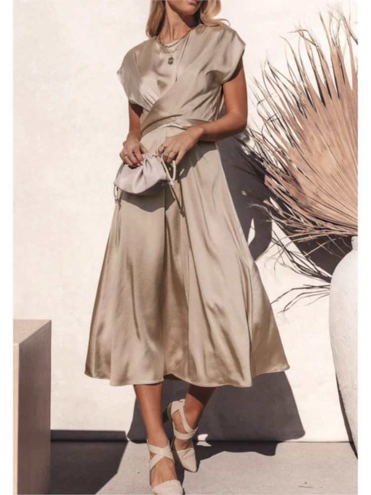 Damen Kurzarm Wickel Midi Hochzeitsgast Kleid