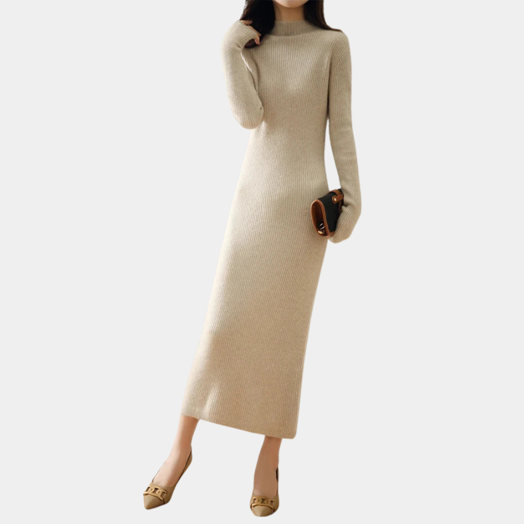 Damen Langarm Midi Strickkleid