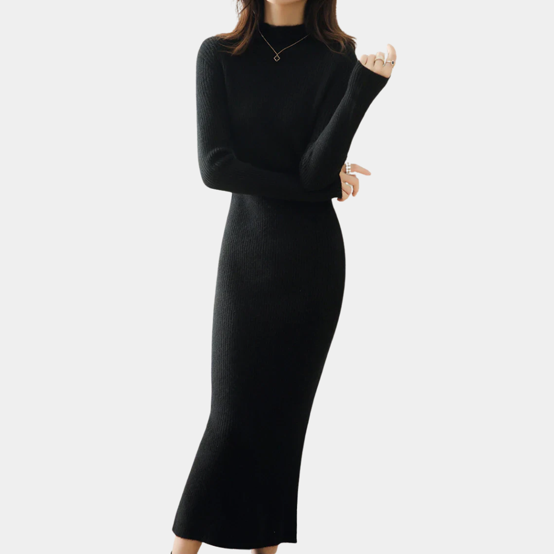 Damen Langarm Midi Strickkleid