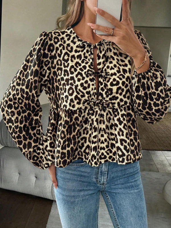 Damen Leopardenmuster mit Schleife Langarm Bluse