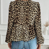 Blouse à manches longues imprimée léopard avec nœud pour femme