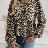 Blouse à manches longues imprimée léopard avec nœud pour femme