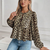 Blouse à manches longues imprimée léopard avec nœud pour femme