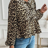 Blouse à manches longues imprimée léopard avec nœud pour femme