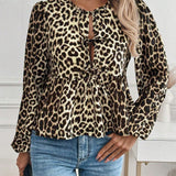 Blouse à manches longues imprimée léopard avec nœud pour femme
