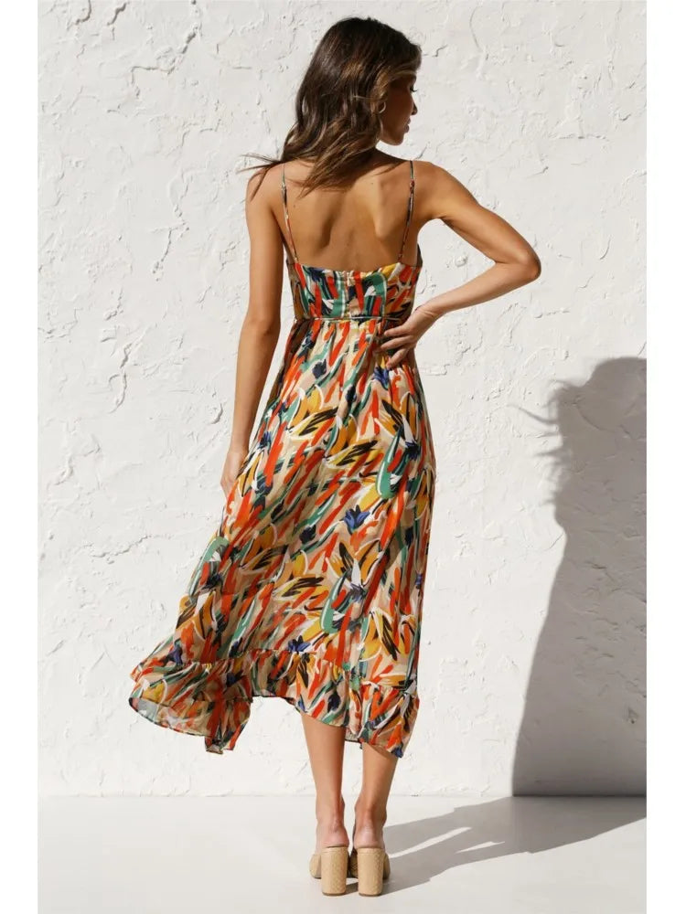 Damen Bedruckt Dünne Träger Midi Sommerkleid