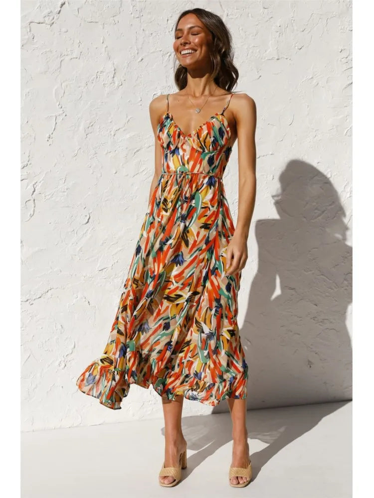Damen Bedruckt Dünne Träger Midi Sommerkleid