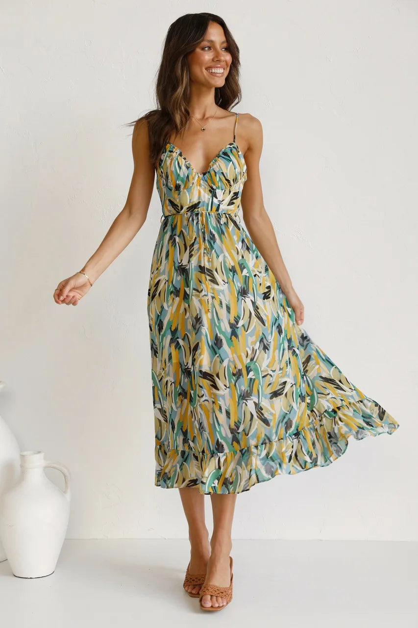 Damen Bedruckt Dünne Träger Midi Sommerkleid
