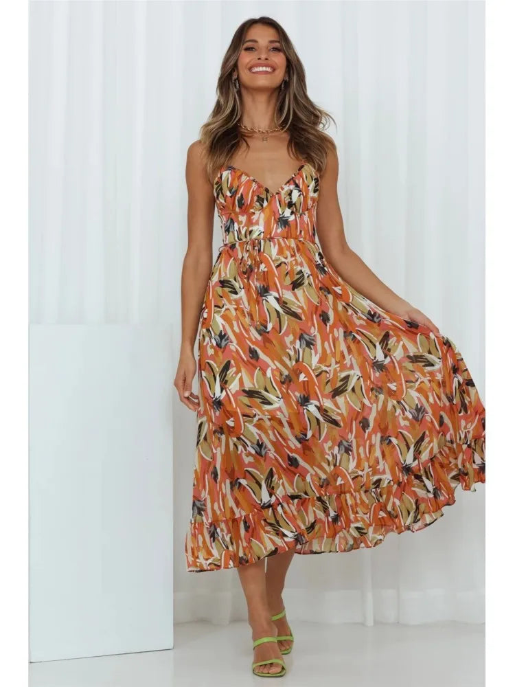Damen Bedruckt Dünne Träger Midi Sommerkleid