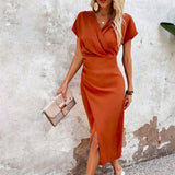 Damen Kurzarm Midi Satin Kleid