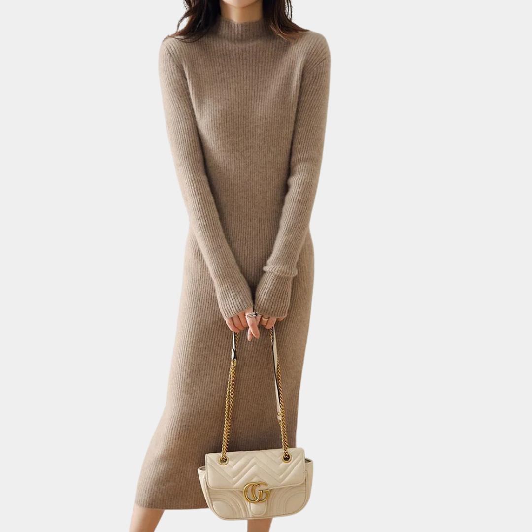 Damen Langarm Midi Strickkleid