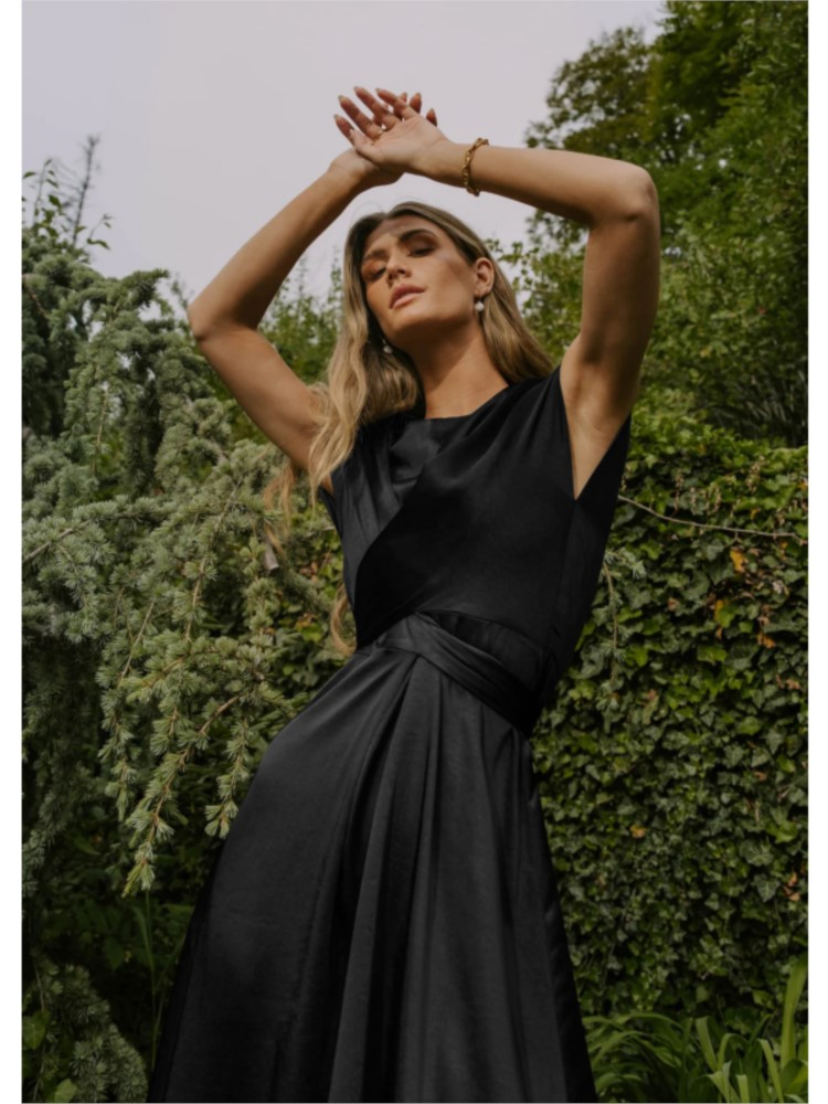 Damen Kurzarm Wickel Midi Hochzeitsgast Kleid