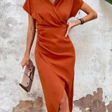 Damen Kurzarm Midi Satin Kleid