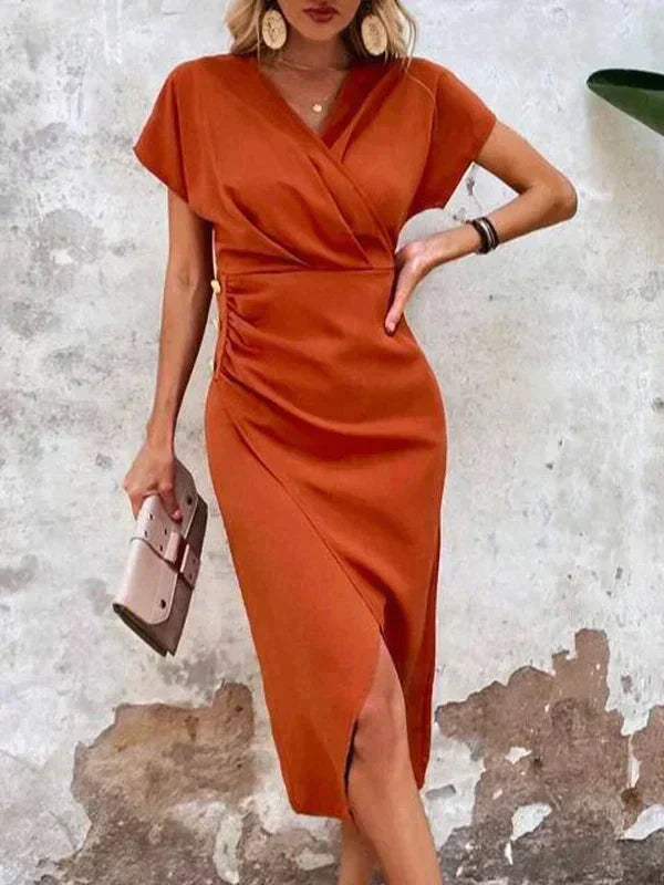 Damen Kurzarm Midi Satin Kleid