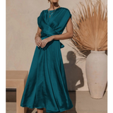 Damen Kurzarm Wickel Midi Hochzeitsgast Kleid