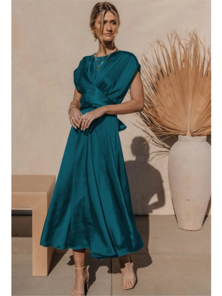 Damen Kurzarm Wickel Midi Hochzeitsgast Kleid