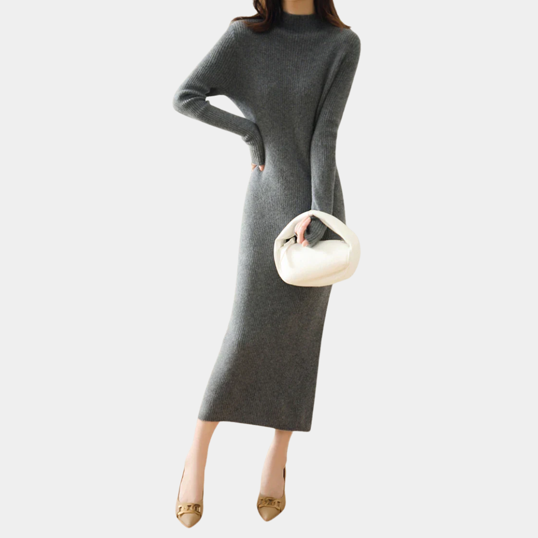 Damen Langarm Midi Strickkleid