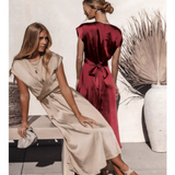 Damen Kurzarm Wickel Midi Hochzeitsgast Kleid