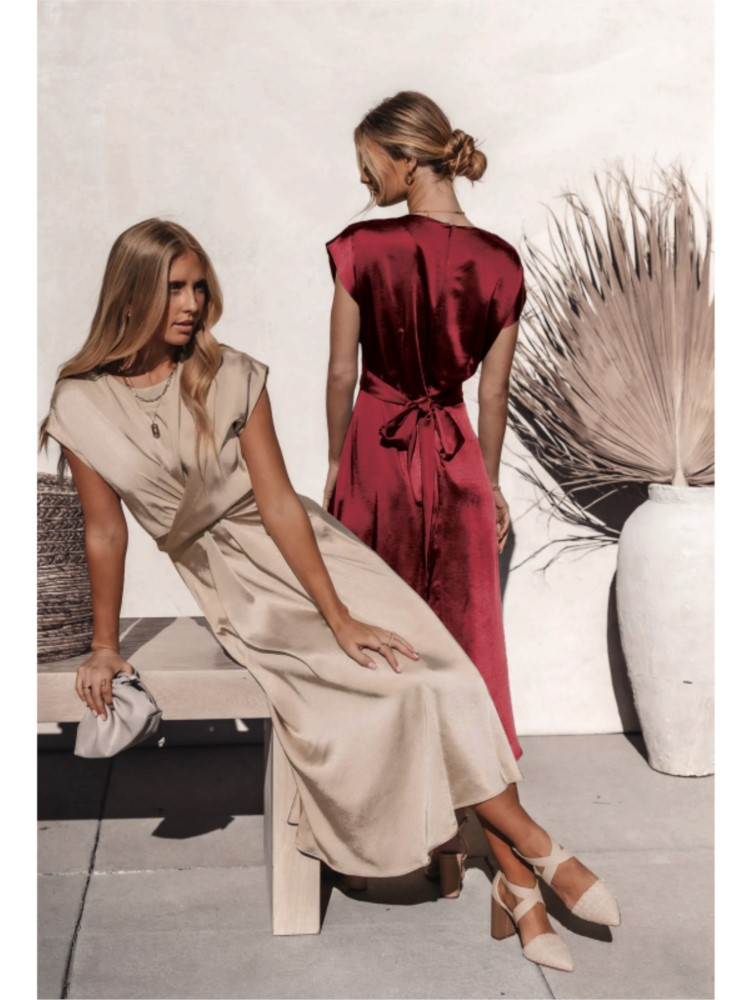 Damen Kurzarm Wickel Midi Hochzeitsgast Kleid