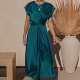 Damen Kurzarm Wickel Midi Hochzeitsgast Kleid