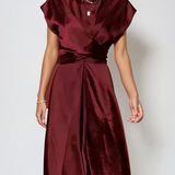 Damen Kurzarm Wickel Midi Hochzeitsgast Kleid