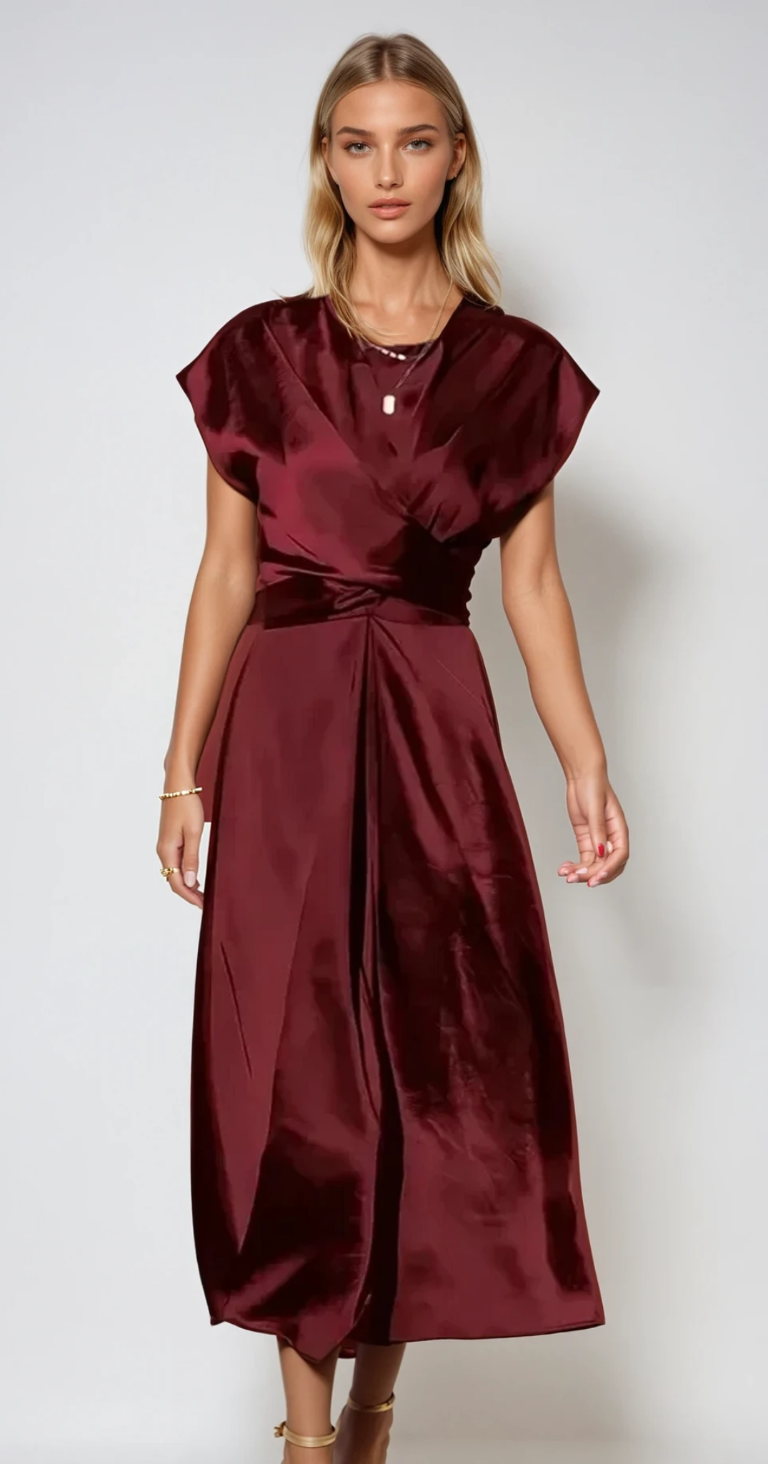 Damen Kurzarm Wickel Midi Hochzeitsgast Kleid