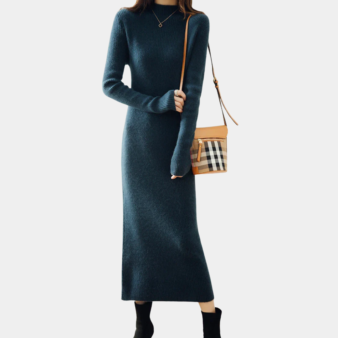 Damen Langarm Midi Strickkleid