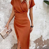 Damen Kurzarm Midi Satin Kleid