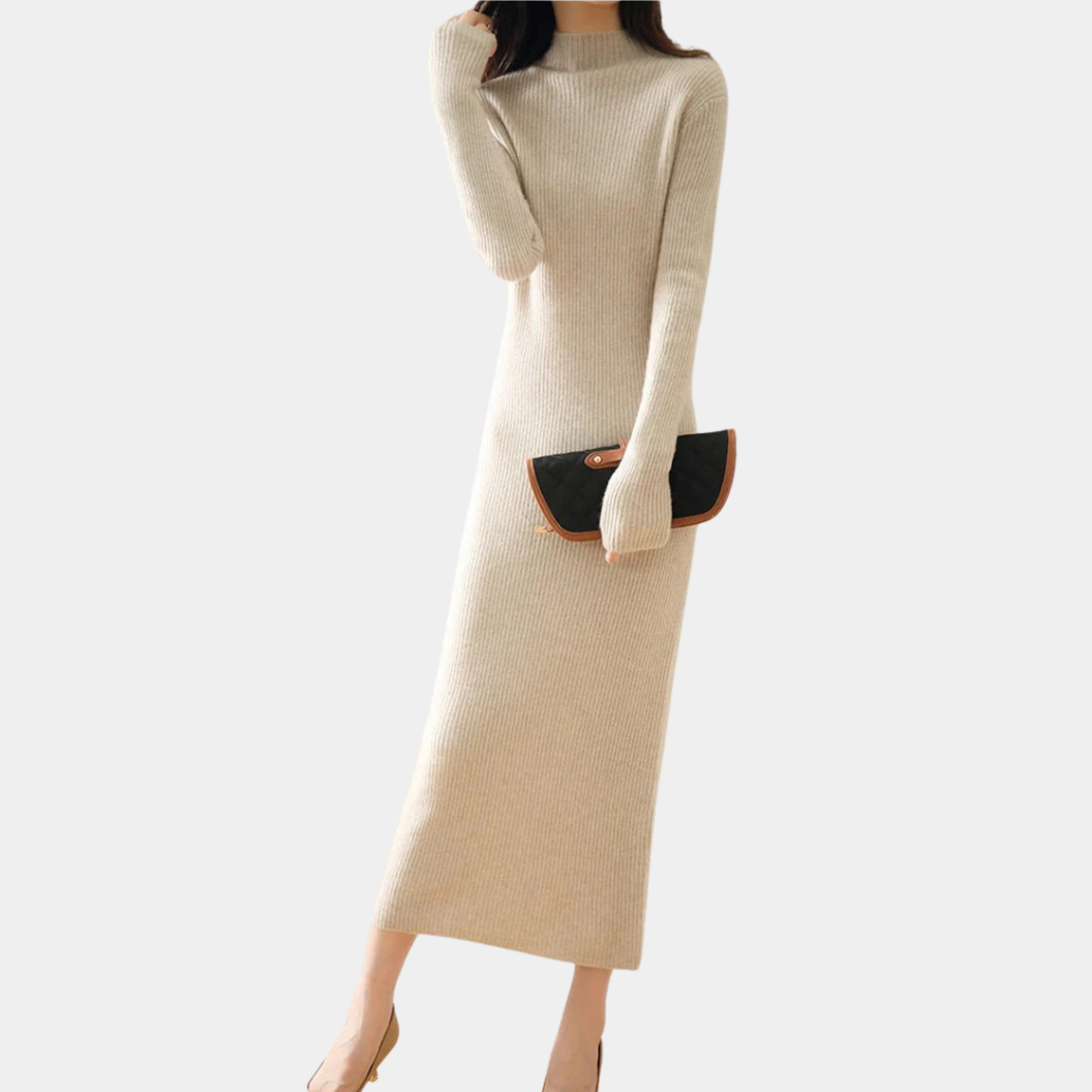 Damen Langarm Midi Strickkleid