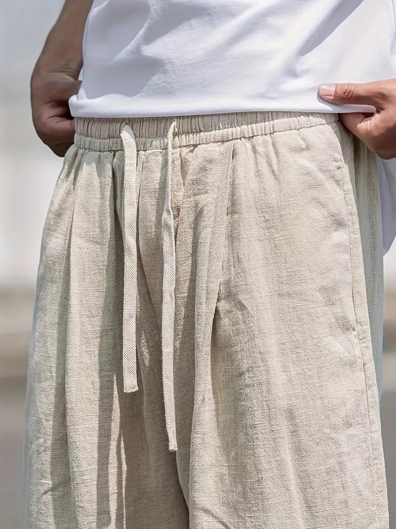 Herren Beige Weites Bein Leinenhose