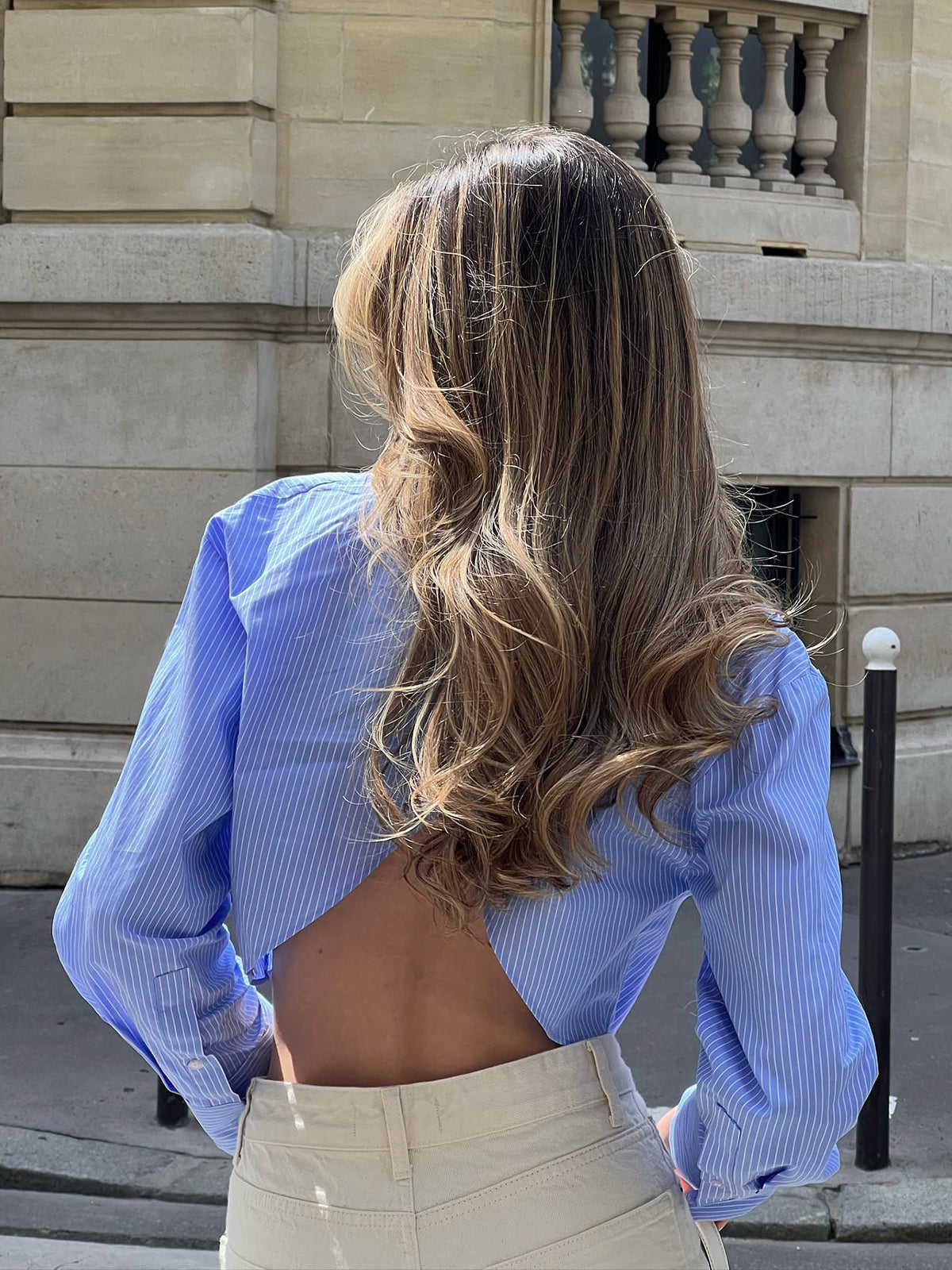 Damen Blau Geknöpft mit Brusttasche Kurze Bluse