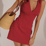 Damen Ärmellos V-Ausschnitt Mini Sommerkleid