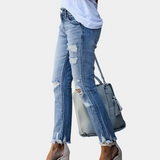Damen Lang Zerrissen Jeans