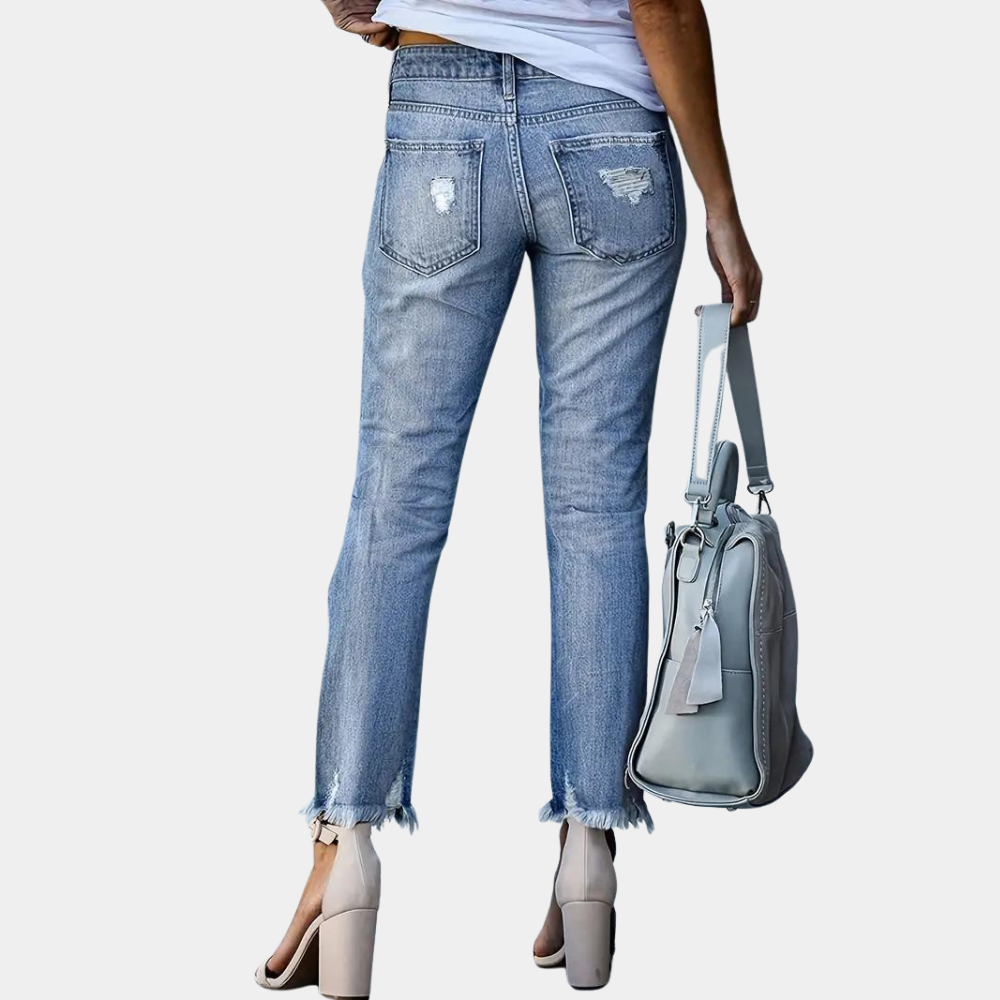 Damen Lang Zerrissen Jeans