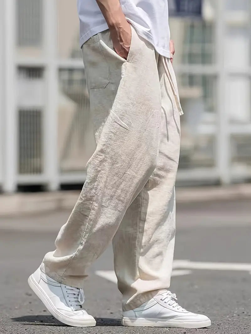 Herren Beige Weites Bein Leinenhose