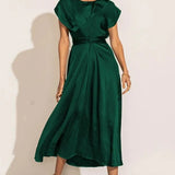 Damen Kurzarm Wickel Midi Hochzeitsgast Kleid
