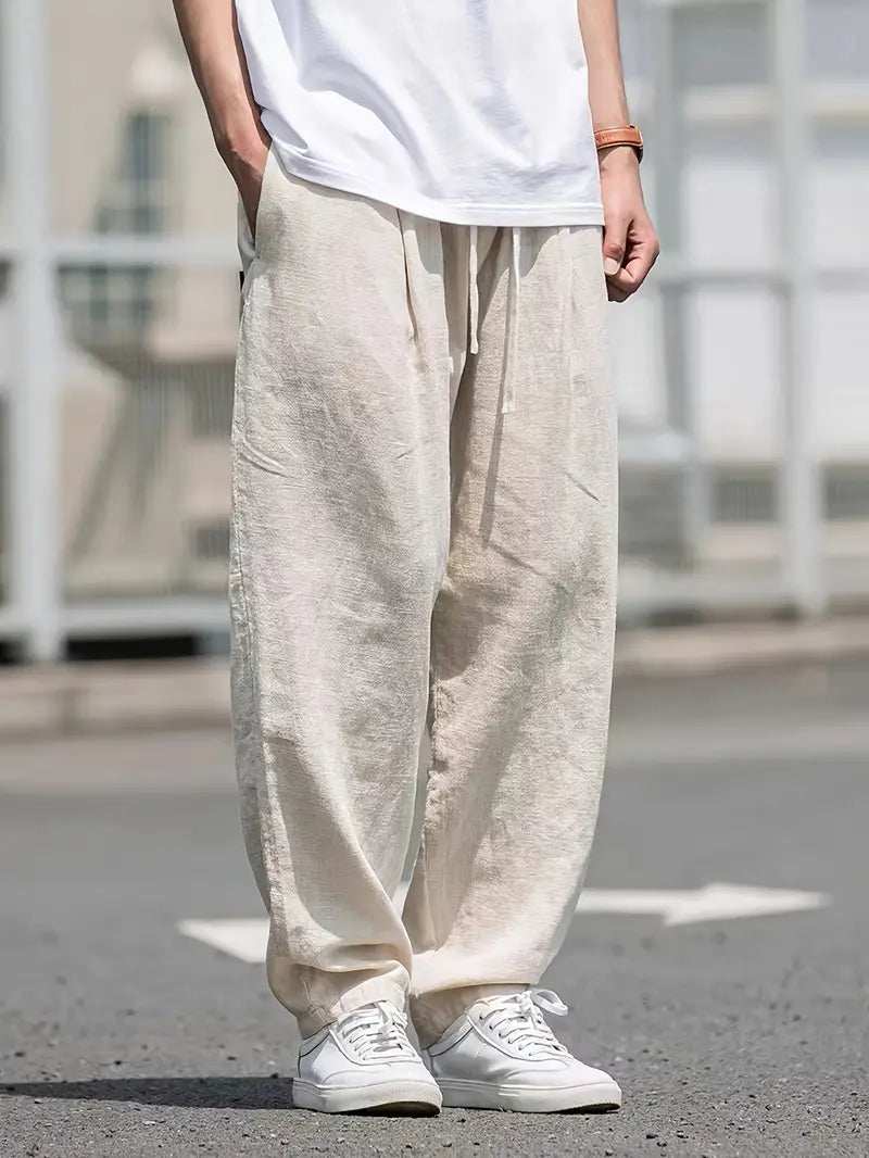 Herren Beige Weites Bein Leinenhose
