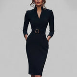 Damen Langarm Gegürtet Midi Etui Kleid