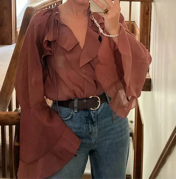Damen Braun Rüschen Langarm Bluse