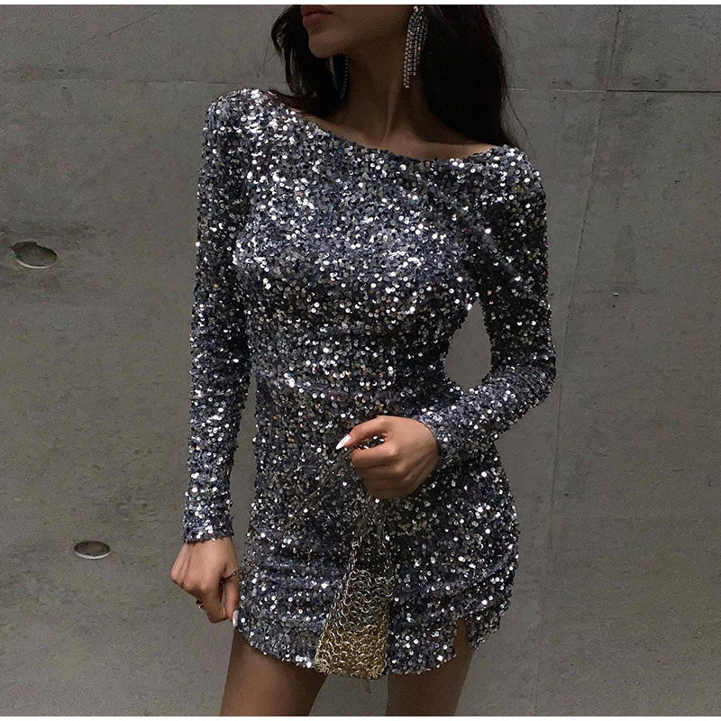 Damen Langarm Pailletten Kleid