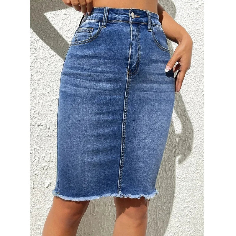 Damen Hoher Taille Knie-Länge Bleistift Jeansrock
