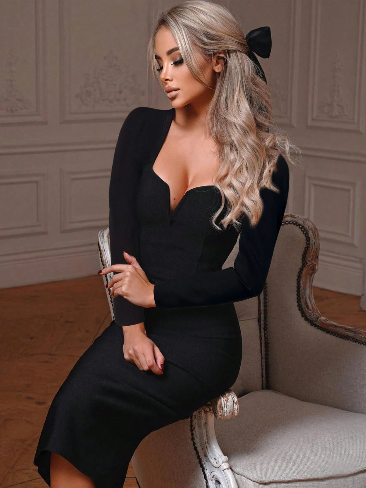 Damen Schwarz Langarm Midi Etui Kleid