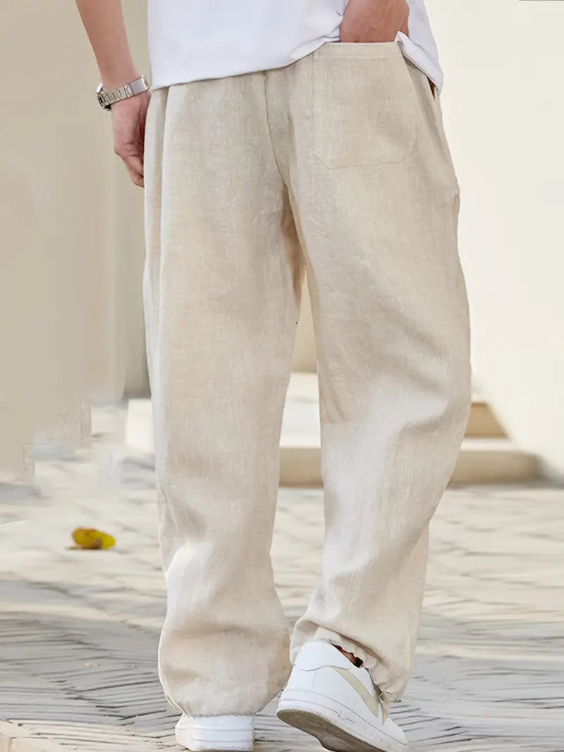 Herren Beige Weites Bein Leinenhose