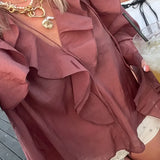 Damen Braun Rüschen Langarm Bluse