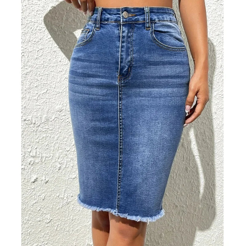 Damen Hoher Taille Knie-Länge Bleistift Jeansrock