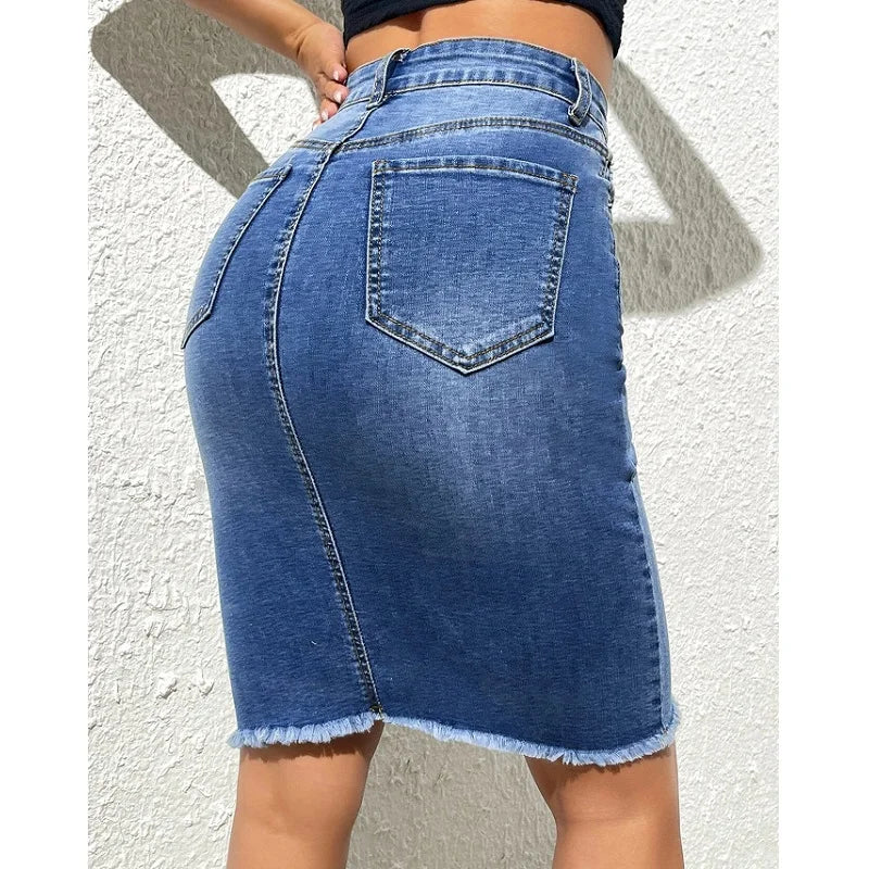 Damen Hoher Taille Knie-Länge Bleistift Jeansrock