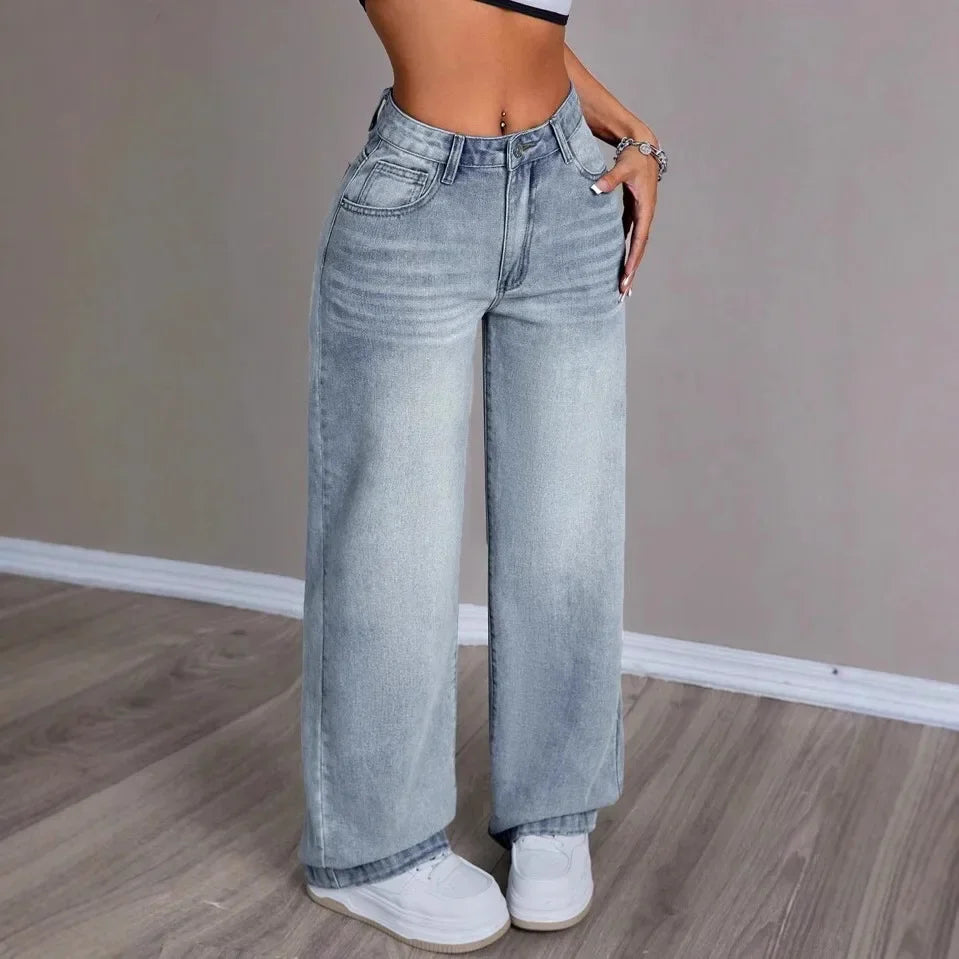 Damen Hellblau Hohe Taille Baggy Jeans