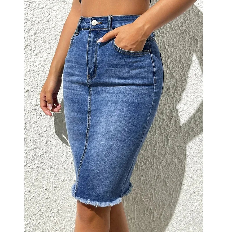 Damen Hoher Taille Knie-Länge Bleistift Jeansrock